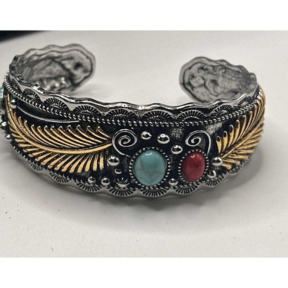 Southwestern Style Cuff Bracelet Turquoise Coral Silver Gold Feather Boho